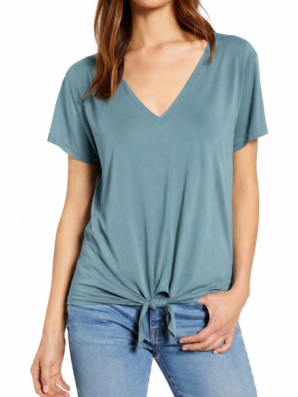 Lucky Brand V-Neck Short Sleeve Front Tie Tee in Dusty Teal